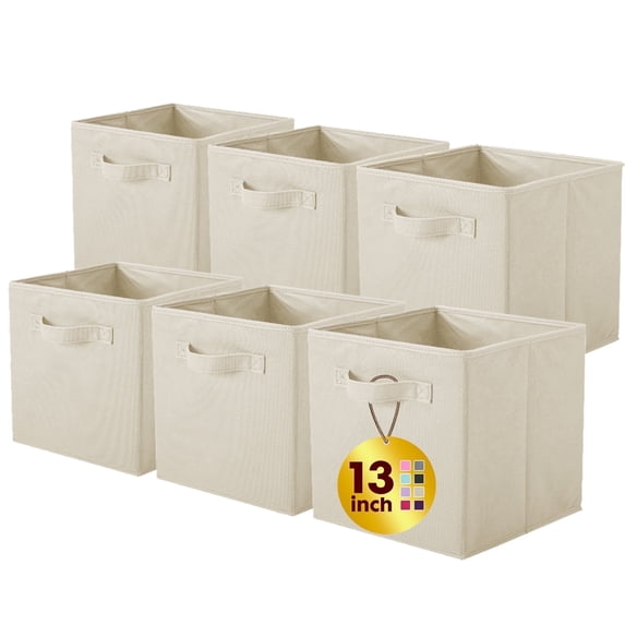 PinkSheep Collapsible Fabric Cube Storage Bins, Foldable Storage Cubes Organizer Bins Basket(13" x 13"), Beige, 6 Pack