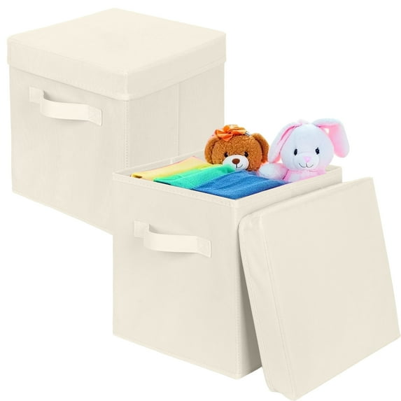 PinkSheep Collapsible Storage Bins with Lids, Stackable Fabric Cube Storage Organizer Basket Bin with Handles (10.5" x 10.5"), 2 Pack, Beige