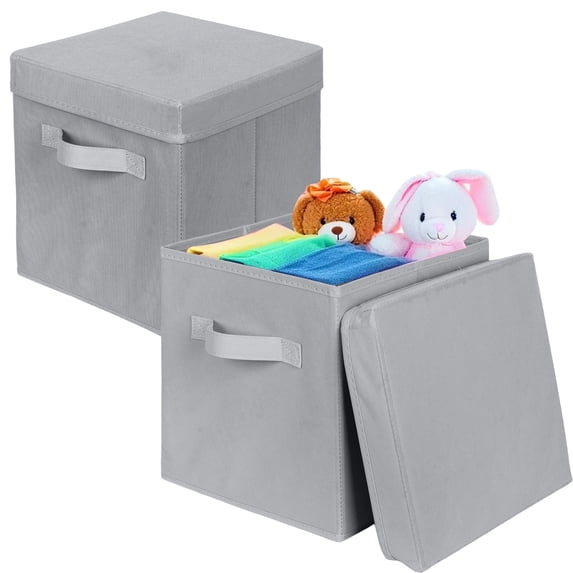 PinkSheep Collapsible Storage Bins with Lids, Stackable Fabric Cube Storage Organizer Basket Bin with Handles (10.5" x 10.5"), 2 Pack, Gray