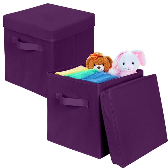 PinkSheep Collapsible Storage Bins with Lids, Stackable Fabric Cube Storage Organizer Basket Bin with Handles (10.5" x 10.5"), 2 Pack, Purple