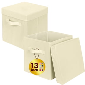 PinkSheep Collapsible Storage Bins with Lids, Foldable Fabric Storage Cubes Organizer Bins Basket(13" x 13"), Beige, 2 Pack
