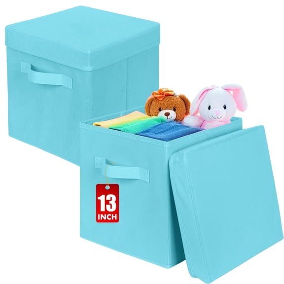 PinkSheep Collapsible Storage Bins with Lids, Foldable Fabric Storage Cubes Organizer Bins Basket(13" x 13"), Skyblue, 2 Pack