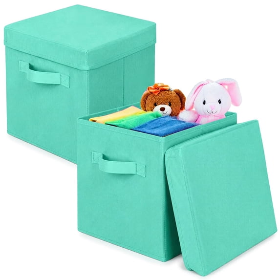 PinkSheep Collapsible Storage Bins with Lids, Stackable Fabric Cube Storage Organizer Basket Bin with Handles (10.5" x 10.5"), 2 Pack, Green