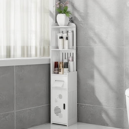 PinkSheep Corner Bathroom Storage Floor Cabinet, Freestanding Toilet Paper Holder Stand Organizer with Doors and Shelves for Small Spaces, White