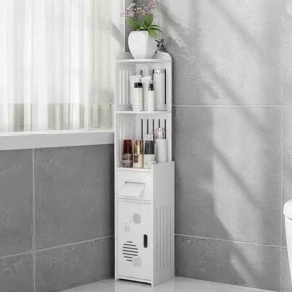 PinkSheep Corner Bathroom Storage Floor Cabinet, Freestanding Toilet Paper Holder Stand Organizer with Doors and Shelves for Small Spaces, White