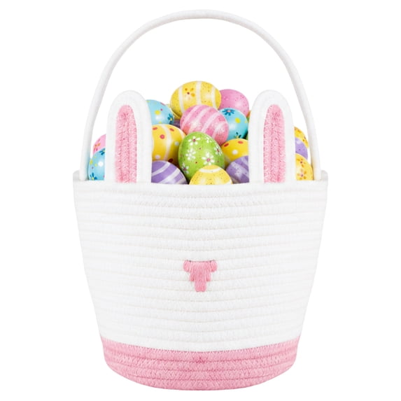 PinkSheep Easter Basket, Small Woven Easter Bunny Gift Storage Basket Rabbit Baskets Empty with Plastic Wrap Bag & Ribbons, Pink