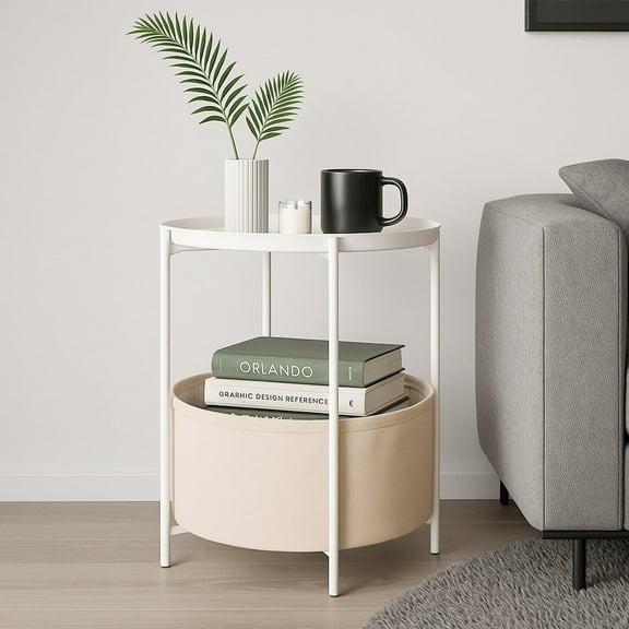 PinkSheep Round Side Table with Storage Bakset, Small Bedside Table End Table for Living Room Bedroom, White