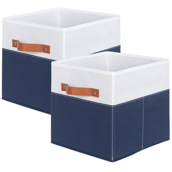 PinkSheep Collapsible Cube Storage Bins, Foldable Fabric Storage Cubes Organizer Basket Bin with Handles (10.5" x 10.5"), 2 Pack, White Navy