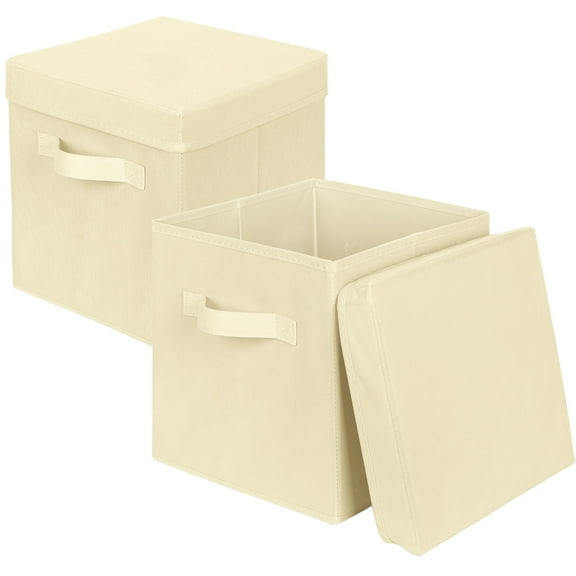PinkSheep Collapsible Storage Bins with Lids, Stackable Fabric Cube Storage Organizer Basket Bin with Handles (10.5" x 10.5"), 2 Pack, Beige