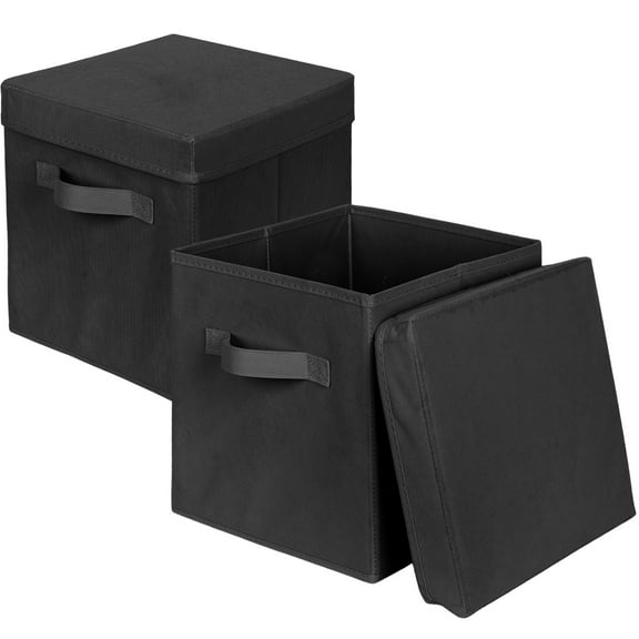 PinkSheep Collapsible Storage Bins with Lids, Stackable Fabric Cube Storage Organizer Basket Bin with Handles (10.5" x 10.5"), 2 Pack, Black
