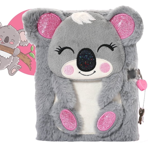PinkSheep Koala Furry Diary with Lock and Key, Private Fuzzy Journal Notebook Diaries
