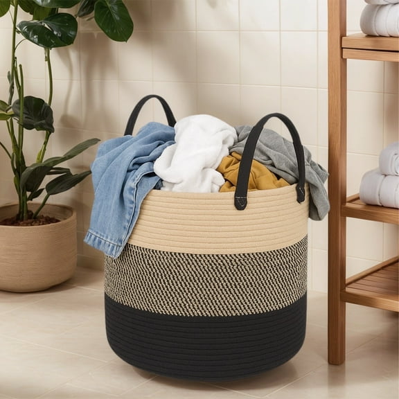 PinkSheep Laundry Basket, 56L Collapsible Woven Cotton Rope Laundry Hamper Storage Baskets Plant Basket Stand with Handles, Khaki Black