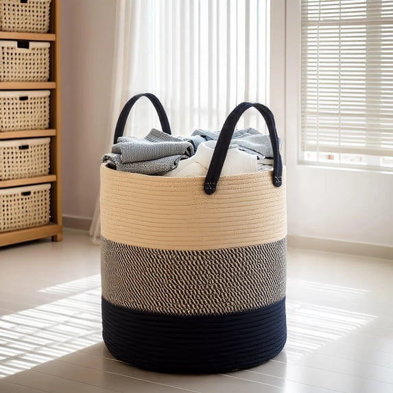 PinkSheep Laundry Basket, Collapsible Woven Cotton Rope Laundry Hamper Storage Baskets with Handles, Khaki Black