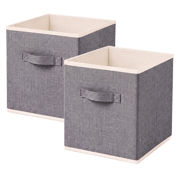 PinkSheep 2 Pack Linen Cube Storage Bins,11" Collapsible Fabric Storage Bin,Foldable Storage Cube Organizer Baskets with Handles,Gray
