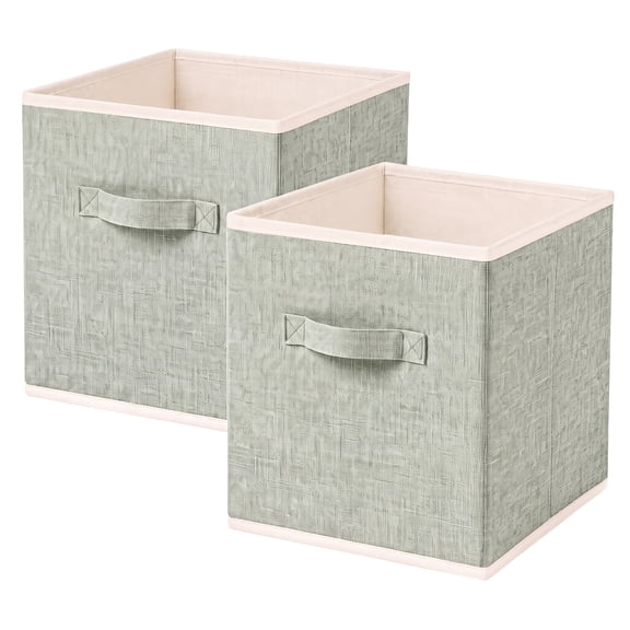 PinkSheep 2 Pack Linen Cube Storage Bins,11" Collapsible Fabric Storage Bin,Foldable Storage Cube Organizer Baskets with Handles,Green