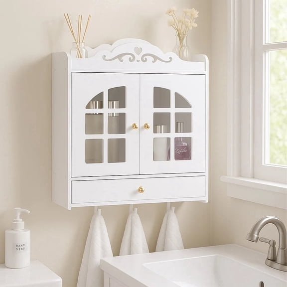 PinkSheep Medicine Cabinet for Bathroom, Small Wall Mount Over the Toilet Storage Cabinet Organizer with Doors and Drawer, White