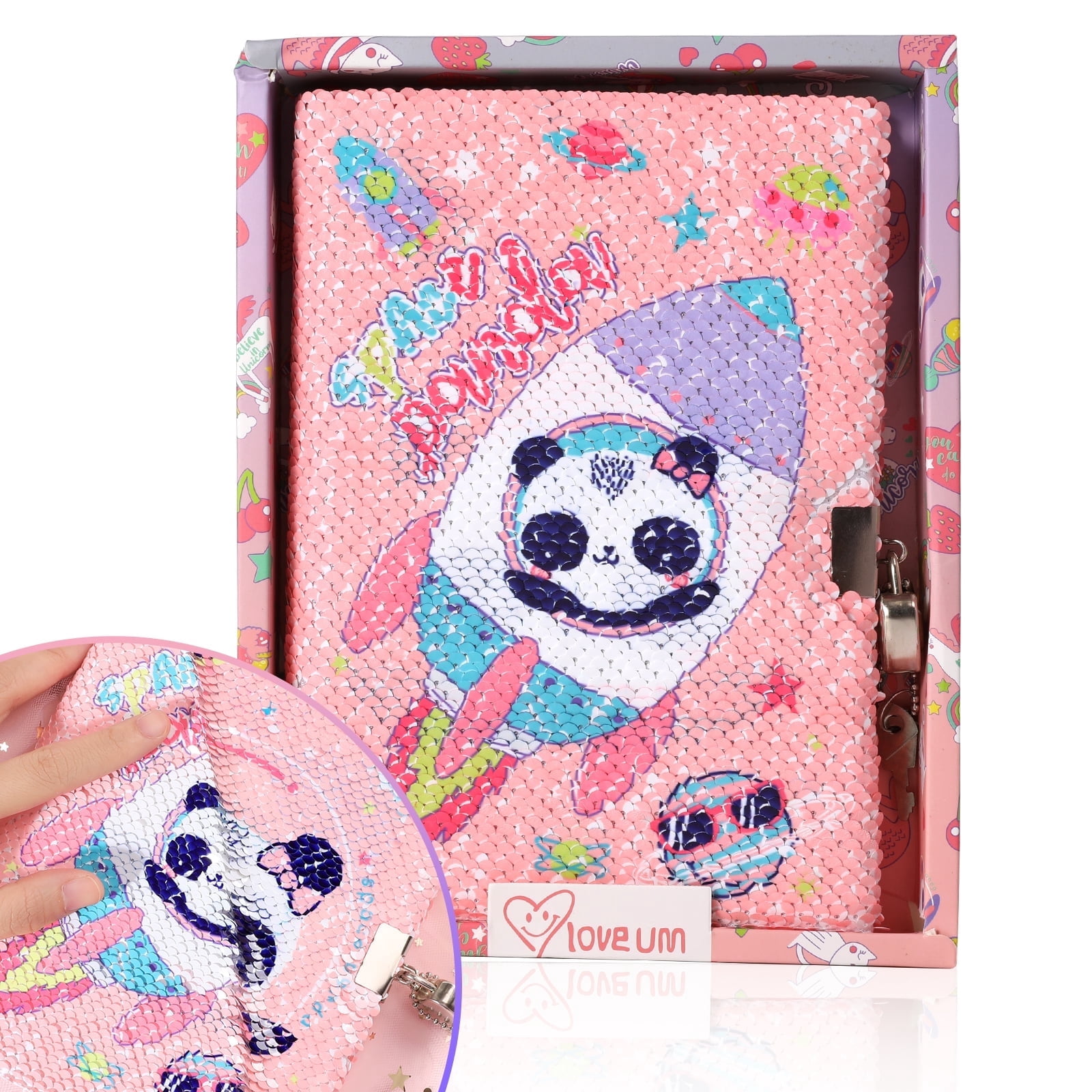 PinkSheep Panda Diary with Lock and Key Private Sequin Journal Notebook ...