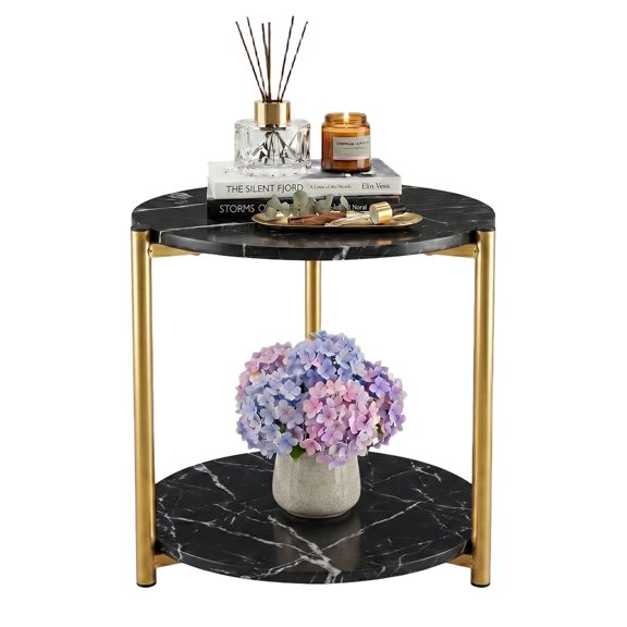 PinkSheep Round Side Table, 2 Tier Small End Table Accent Table Tray Table with Storage for Living Room Bedroom Small Spaces, Black Marble Print