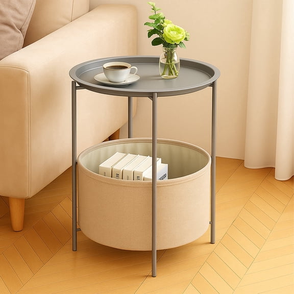 PinkSheep Round Side Table with Storage Bakset, Small Bedside Table End Table for Living Room Bedroom, Gray