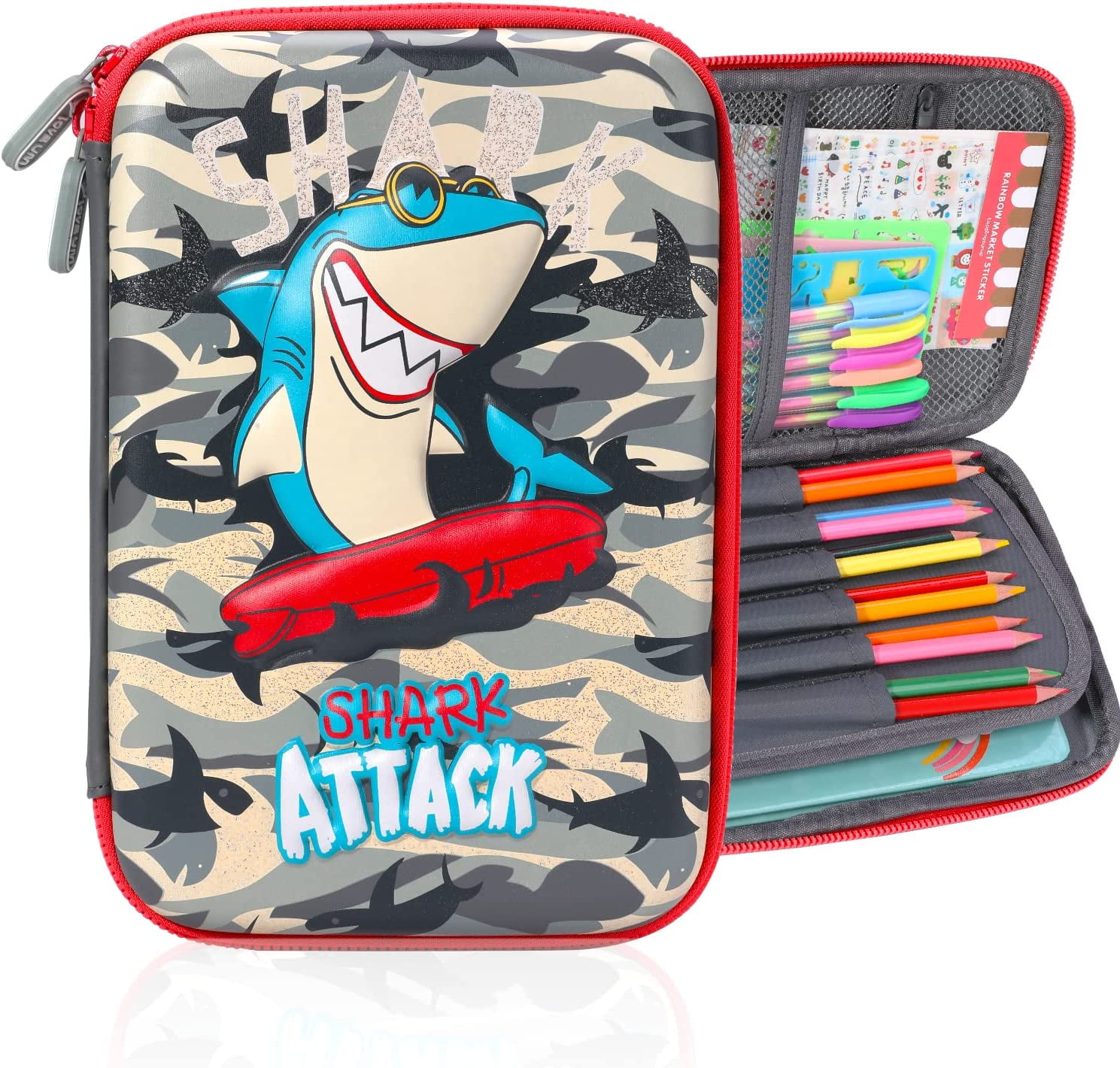 Pen+Gear Silicone Standing Pencil Pouch, Shark Pttern, Gray Color