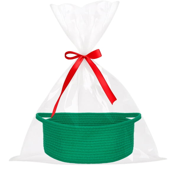 PinkSheep Small Baskets for Gifts, Woven Gift Basket Empty with Plastic Wrap Bag & Ribbons, 12" x 8", Green