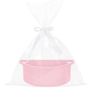 PinkSheep Small Baskets for Gifts, Woven Gift Basket Empty with Plastic Wrap Bag & Ribbons, 12" x 8", Pink