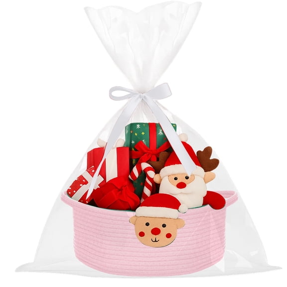 PinkSheep Small Baskets for Gifts, Woven Gift Basket Empty with Plastic Wrap Bag & Ribbons, 12" x 8", Pink