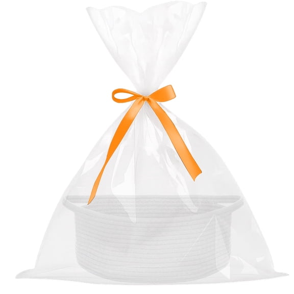 PinkSheep Small Baskets for Gifts, Woven Gift Basket Empty with Plastic Wrap Bag & Ribbons, 12" x 8", White