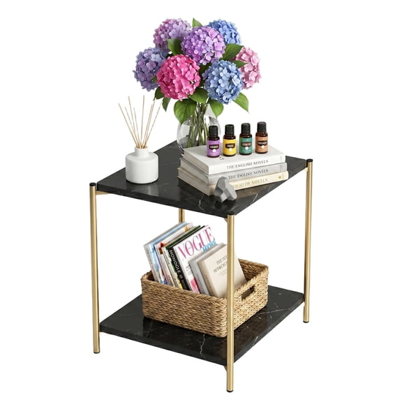 PinkSheep Side Table, 2 Tier Small End Table Accent Table Tray Table with Storage for Living Room Bedroom Small Spaces, White Marble Print