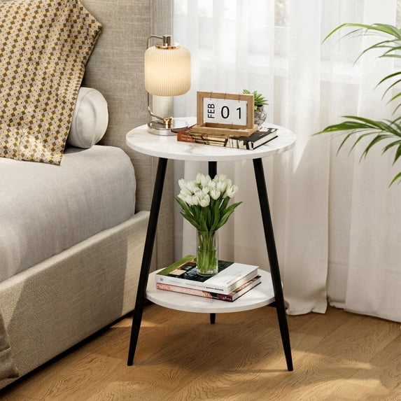 PinkSheep Round Side Table, 2 Tier Small End Table Beside Table Accent Table Tray Table with Storage for Living Room Bedroom, White