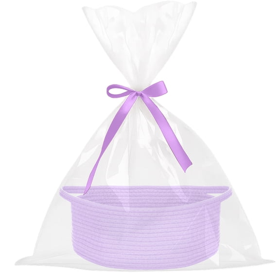 PinkSheep Small Baskets for Gifts, Woven Gift Basket Empty with Plastic Wrap Bag & Ribbons, 12" x 8", Light Purple