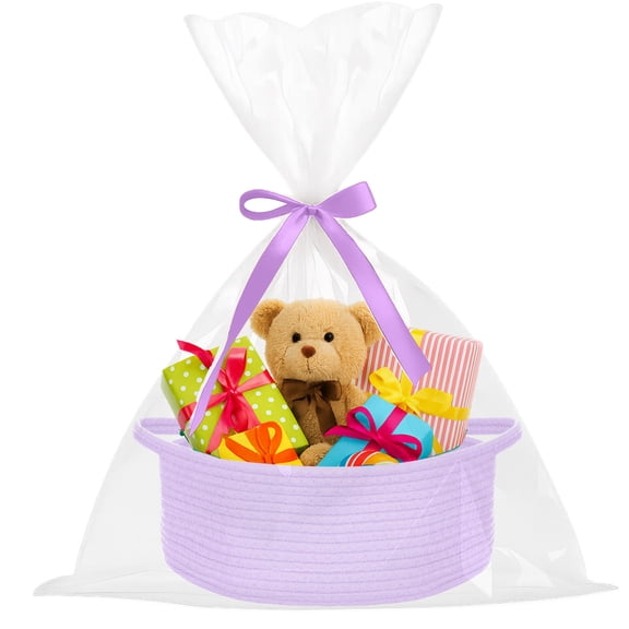 PinkSheep Small Baskets for Gifts, Woven Gift Basket Empty with Plastic Wrap Bag & Ribbons, 12" x 8", Light Purple