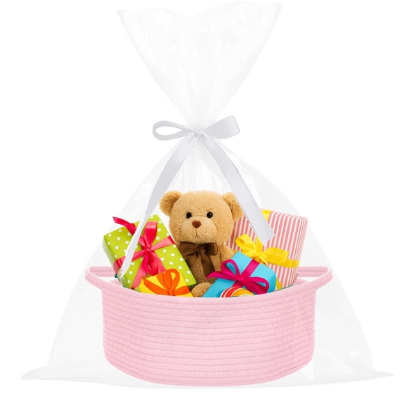PinkSheep Chrisitmas Baskets for Gifts, Small Woven Gift Basket Empty with Plastic Wrap Bag & Ribbons, 12" x 8", Pink