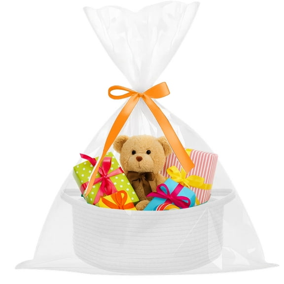 PinkSheep Chrisitmas Baskets for Gifts, Small Woven Gift Basket Empty with Plastic Wrap Bag & Ribbons, 12" x 8", White