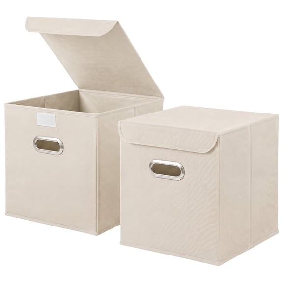 PinkSheep Cubes Storage Bins with Lids,11" Foldable Fabric Storage Bin,Collapsible Storage Box Cubes Organizer Baskets Container,Beige,2 Pack