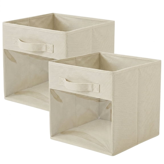PinkSheep Cube Storage Bins, Collapsible Fabric Storage Bins,11" Foldable Storage Cube Organizer Basket with Clear Window & Handles for Shelves and Closets,Beige,2 Pack