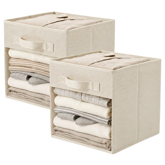 PinkSheep Cube Storage Bins, Collapsible Fabric Storage Bins,11" Foldable Storage Cube Organizer Basket with Clear Window & Handles for Shelves and Closets,Beige,2 Pack