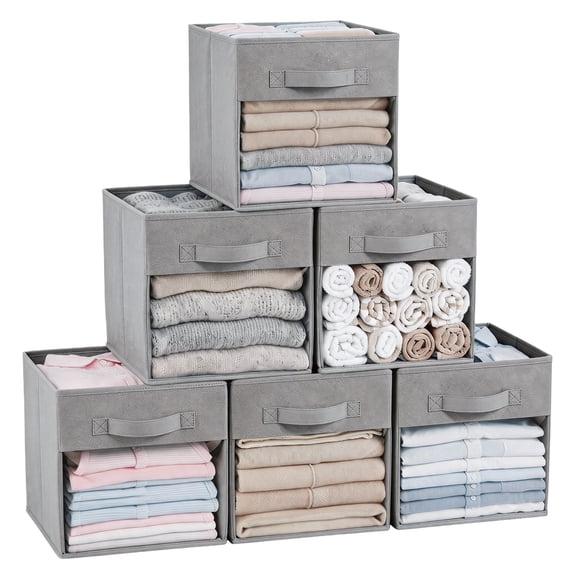 PinkSheep Cube Storage Bins with Clear Window, 11" Collapsible Storage Cube,Closet Storage Baskets with Handle, Foldable Fabric Bins,Grey,6 Pack