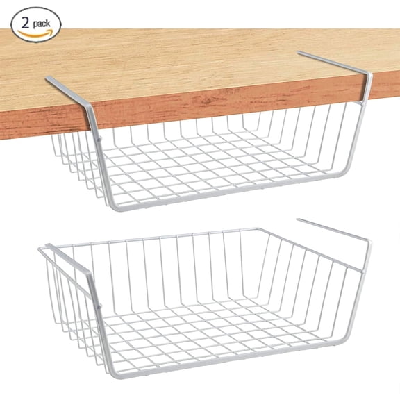 PinkSheep 2 Pack Under Shelf Basket, Cabinet Storage Hanging Baskets Organizer Wire Rack Shelves for Kitchen Pantry, White