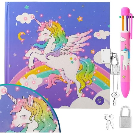 PinkSheep Unicorn Diary Set with Lock & Key and Pen, Unicorn Light Up Notebook Journal Diaries