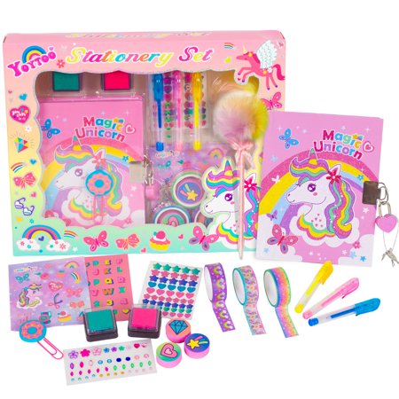 PinkSheep Unicorn Diary with Lock and Keys, Unicorn Stationery Set with Diary Stamps Stickers Pens Journal Notebook