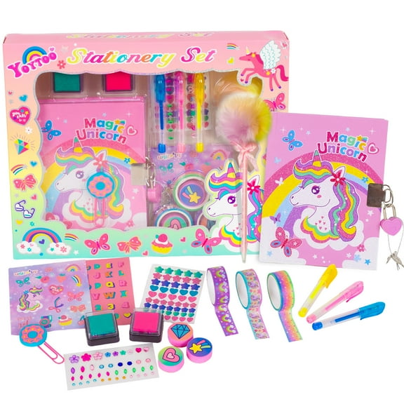 PinkSheep Unicorn Diary with Lock and Keys, Unicorn Stationery Set with Diary Stamps Stickers Pens Journal Notebook