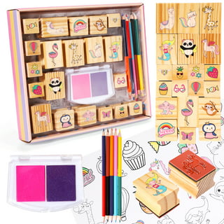 Wooden Stamp Set for Kids with Alphabet Stamps and Carry Case 72 Pcs - Letters Numbers Emojis 3-Color Washable Ink Pad 3 Refill Bottles Activity
