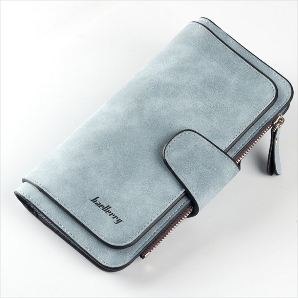 Cartera trifold de cuero PU para mujer con cierre, azul