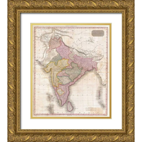 Pinkerton and Hobart 15x17 Gold Ornate Wood Framed with Double Matting Museum Art Print Titled - Pinkerton Map of India, 1818
