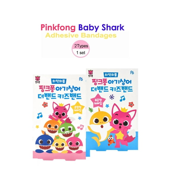 Pinkfong Baby Shark 2-Type Adhesive Bandages First Aid Bandages with Cute Designs Standard 16 Sheets (2 Types) (2pack, 32 Count Total)