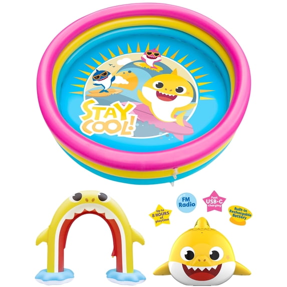 Pinkfong Baby Shark 3-Ring Inflatable Swimming Pool, Portable Pool for Summer Play (Ages 2+) Including Baby Shark Sprinkler and Speaker