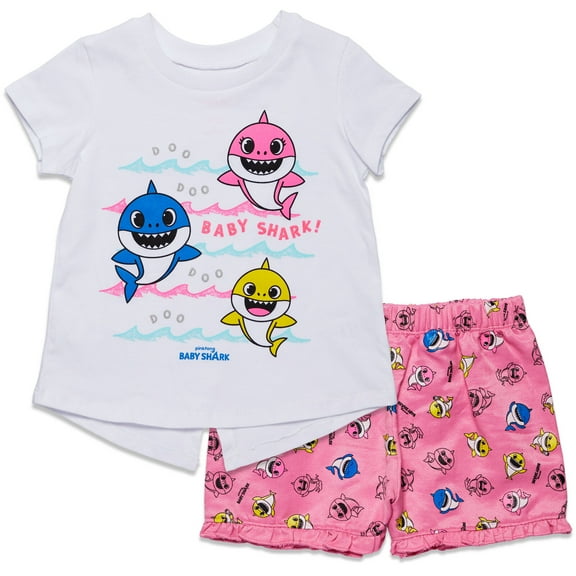 Pinkfong Baby Shark Baby Girls French Terry T-Shirt Shorts Set Pink/White 12 Months