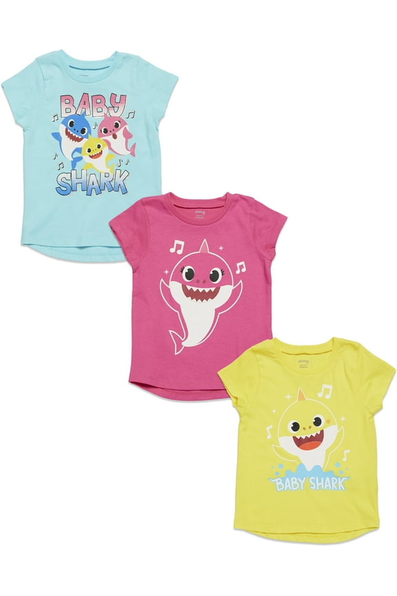 Baby Shark Infant Baby Girls 3 Pack Graphic T-Shirts Pink / Yellow/ Blue 12 Months