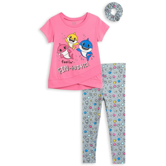 Pinkfong Baby Shark Infant Baby Girls Crossover T-Shirt Leggings and Scrunchie 3 Piece Outfit Set Infant to Little Kid